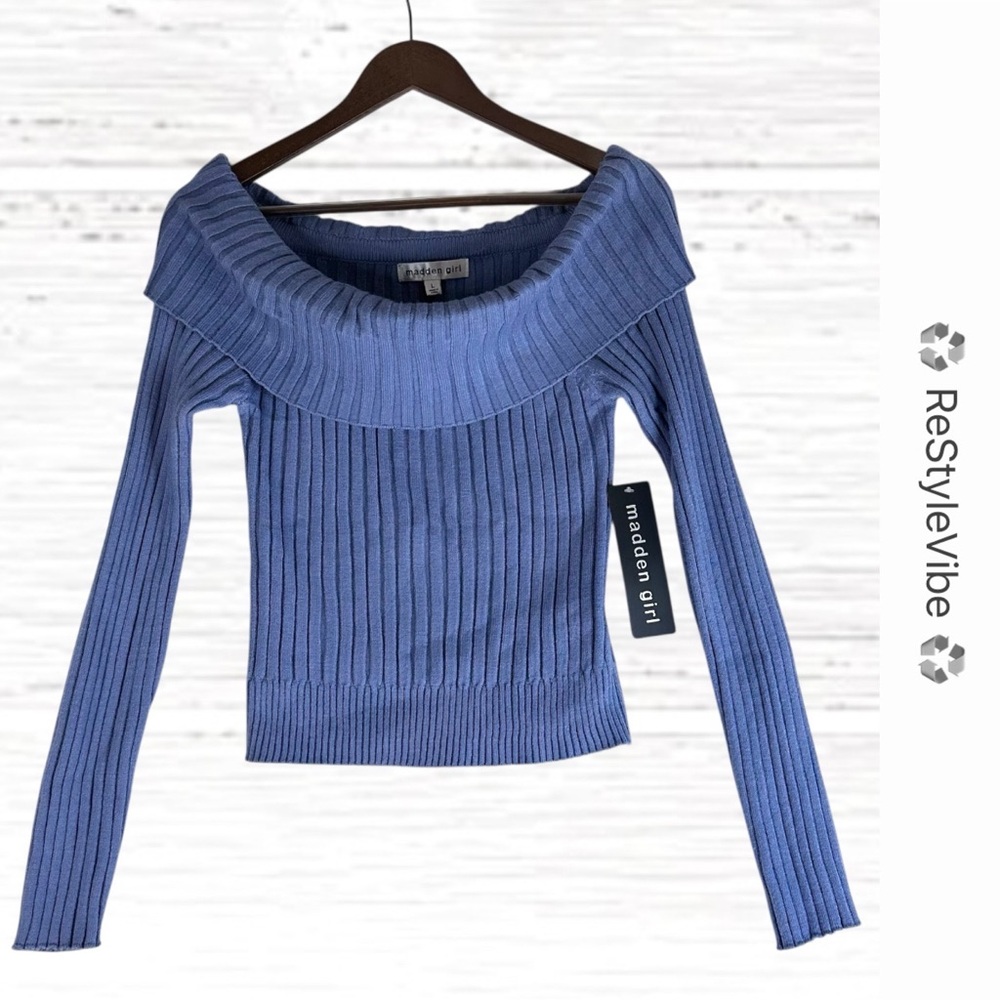 MADDEN GIRL Women’s Size L Sweater NWT Off Shoulder Style Ribbed knit NEW
